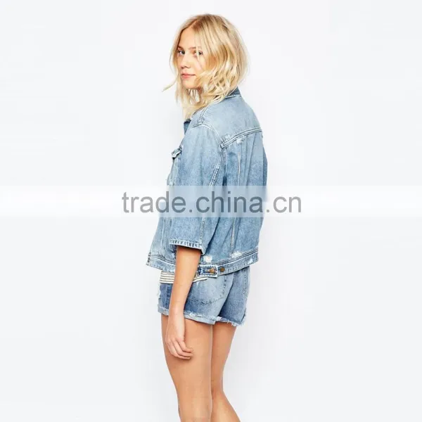 Wholesale Women's Fashion Hip Hop Jacket Denim Jacket Half Sleeve photo-2