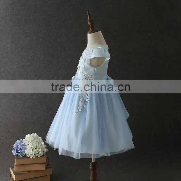 High Quality OEM Princess Blue Short Sleeves Embroidery Flower Girls Party Dresses Lovely Fluffy Tulle Baby Communion Dresses photo-2