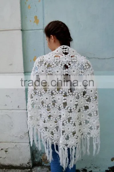 Vintage White Crochet Shawl, Soft Crochet Fringe Wrap, Wedding Shawl Wrap, Bride Shawl Ivory Wedding photo-4