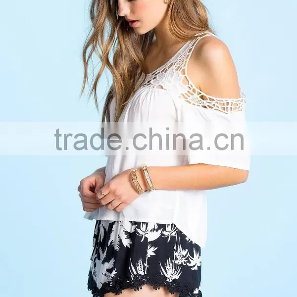 Hot Selling Cold Shoulder Crochet Embellished Blouse/fashion Woman Blouses photo-5