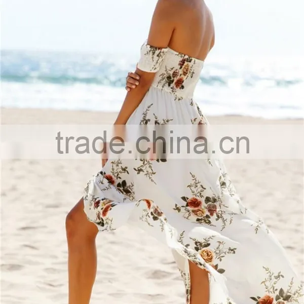Boho Style Long Dress Women Fashion Off Shoulder Beach Summer Dresses Floral Print Vintage Chiffon White for Wholesale 2017 photo-5