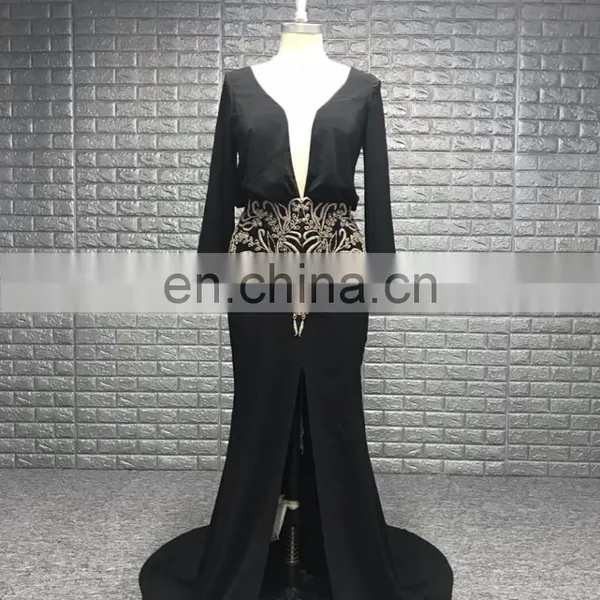 Sexy Deep V Neckline See Though Back Handwork Beading Lady Evening Dress Long Sleeve photo-3