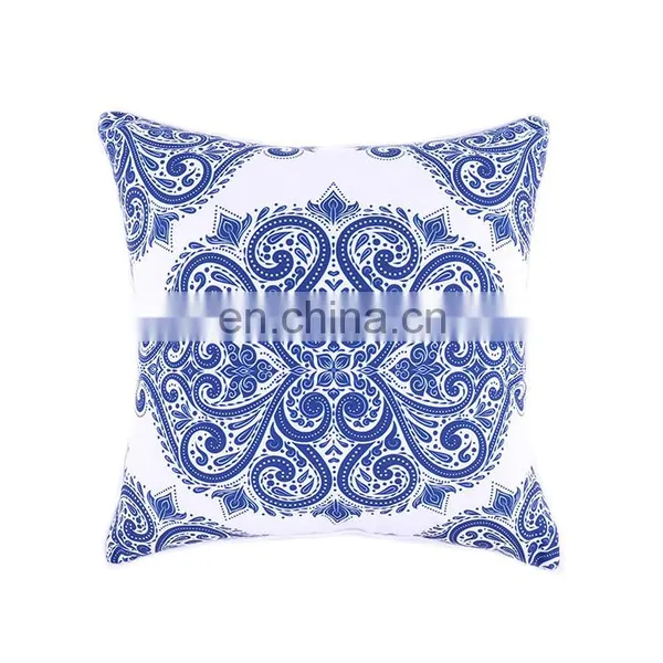 Chinese Style Blue and White Porcelain Design Polyester Canvas Outdoor Cushion Cover With White Piping and Invisible Zipper photo-2