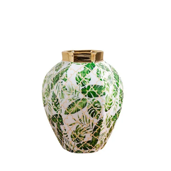 Fashion European Style Green Leaf Electroplate Gild Ceramic Flower Vase For Hallway Decor photo-5