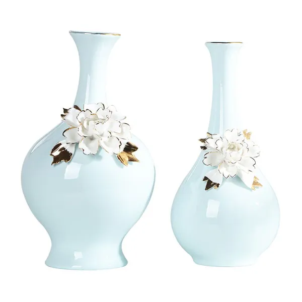 European Modern Simple Art Fresh Fashion Gild Blue Ceramic Plant Vase For Office Decor photo-5