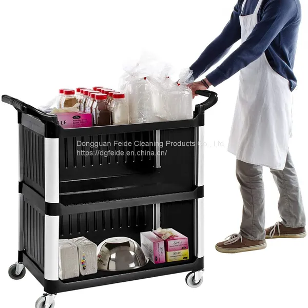 Large Size 3 Shelf Utility Cart With Wheels-Round Pillar Commercial Janitorial Cart With Cover photo-5