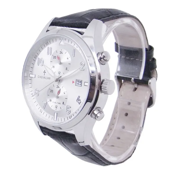 Stainless Steel Case Multi-function Watches Man Genuine Leather Dual Time Quartz Watch photo-3