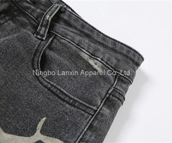Womens Graphic Print Ripped Distressed Jeans Grey High Waist Y2K Straight Leg Denim Pants photo-4