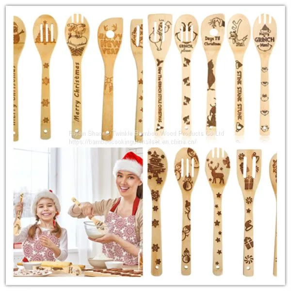 Bamboo Wood Kitchen Utensil Burned Christmas Holiday Cooking Utensil Set Engraved