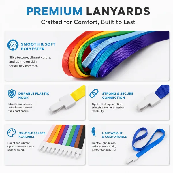 Colorful Polyester Neck Lanyards 15mm Badge Holder Strap ID Card Key Cord Keychains for Office Exhibition Conference