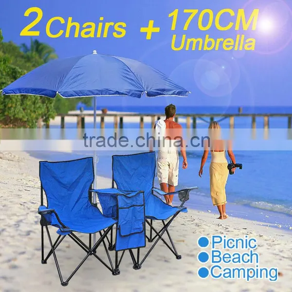 Picnic Double Folding Chair w/ Umbrella Table Cooler Fold Up Beach Camping Chair photo-5