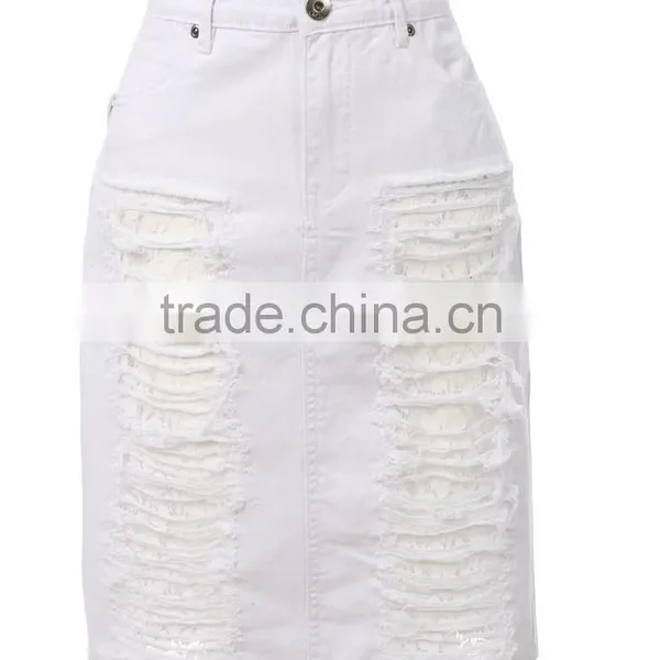 Manufacturer China Girls Fashion High Waist Women White Slim Ripped Pencil Denim Skirts