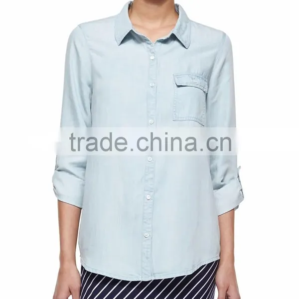 Top Selling Ladies 2015 Summer Long Sleeve Chambray Denim Shirt for Women SYA15361