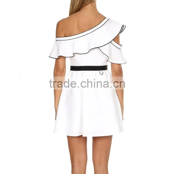 Asymmetrical Ruffle One Shoulder Contrast Pipping Short Dress photo-3