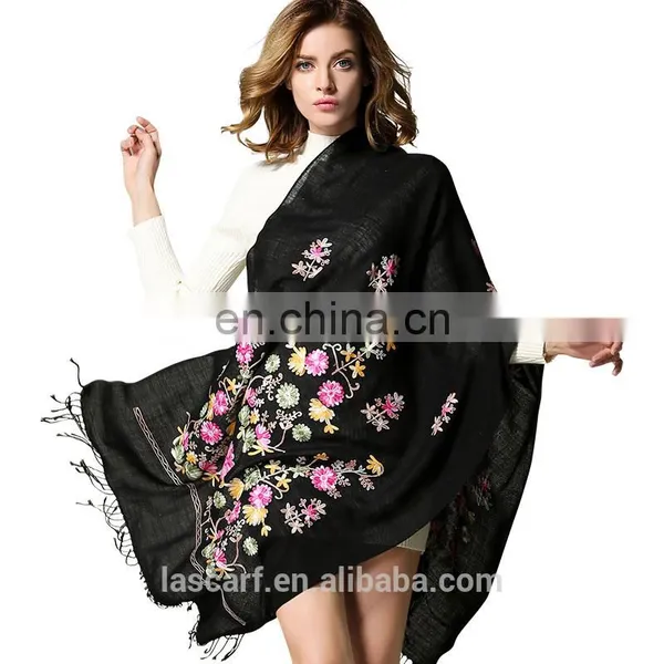 Black Embroidered Wool Scarf for Women Black