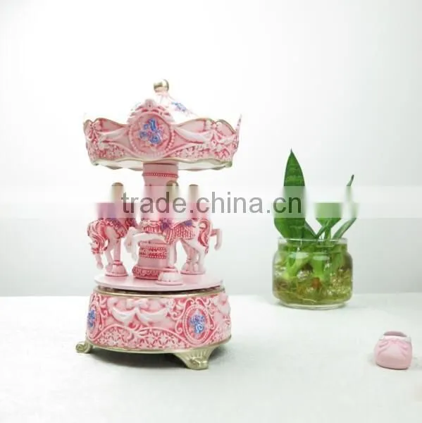 Cute pull string and hand crank carousel musical movement music box mechanism