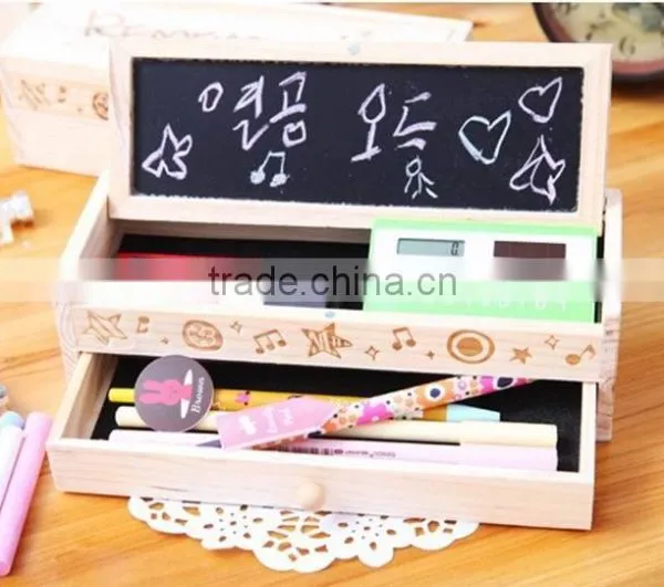Cute Vintage Wooden Boxes Stationery Bag Double Drawer School Pen/Wooden DIY Pencil Box With Small Blackboard and Drawer photo-2