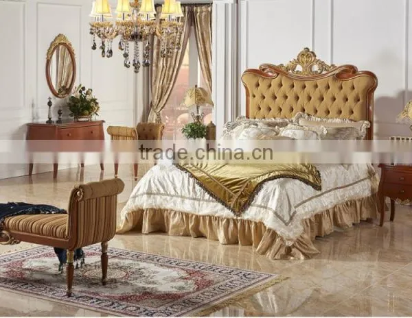 Antique Classic Upholstery Bed Set, Luxury Button Tufted Queen Bed With Gold Painting, Wood Carving Bedroom Furniture Set photo-5