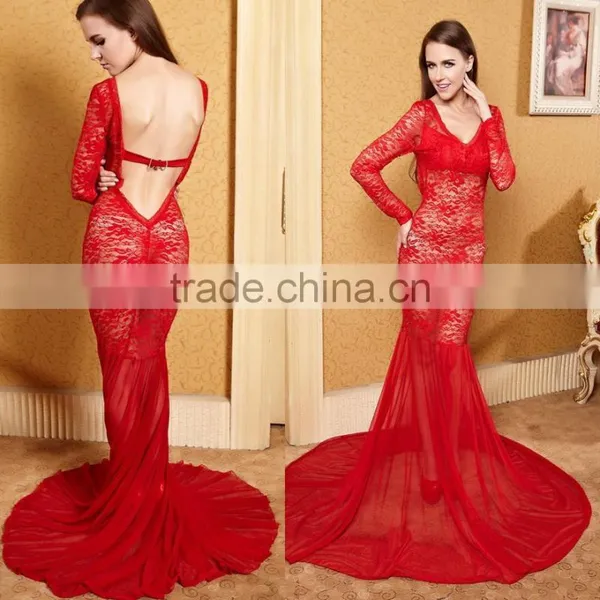 New Arrival Comfortable Long Sleeve Red Lace Maxi Dress
