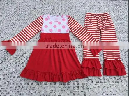 Children's Boutique Fall Clothing Set Polka Dots Red Dress Stripe Ruffle Pants Holiday Baby Girl Clothing Outfit photo-2