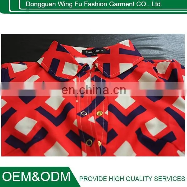 Ladies Retro Printing Red Knitted Cotton Shirt Style Long Sleeve Lapel Dress photo-3