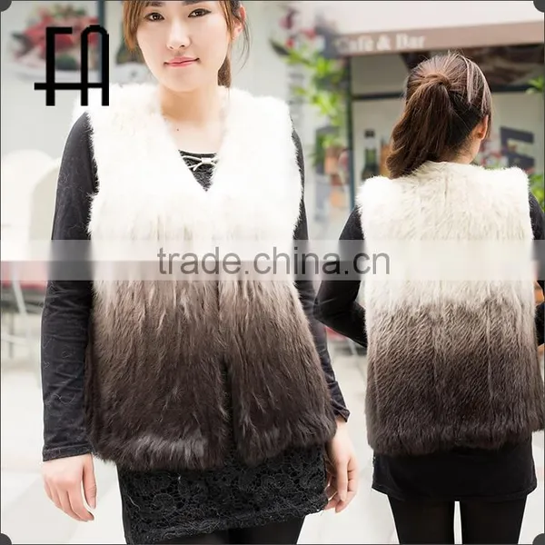 Factory Direct Wholesale Price Dip-dye Rabbit Knit Fur Vest/knit Fur Sleeveless Vest