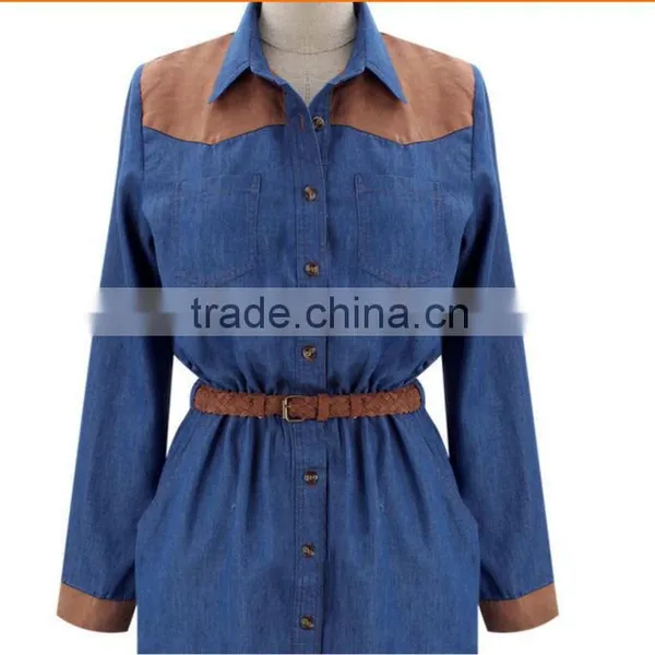 2015 Fashion High Quality New Arrival Girls Long Sleeve Denim Winter Dress With Contrast Color photo-4