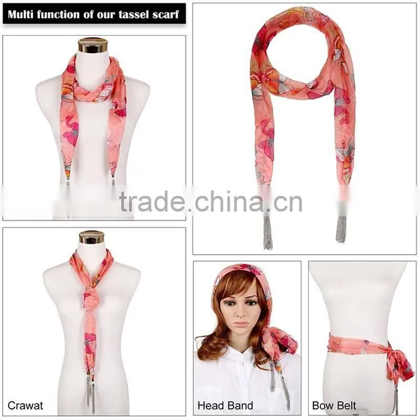 2015 New Design Functional Butterfly Print Scarf, Summer Flower Tassel Scarf photo-6