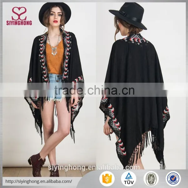 Wholesale Customized Collarless Cape Black Suedette Embbroidery Trims Tasseled Cape