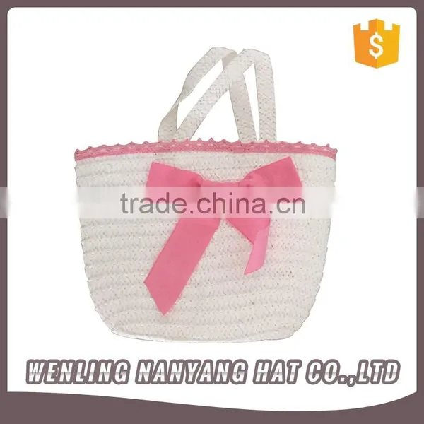 Women Pastoral Style White&Pink Fair Maiden Bow Woven Staw Bag Dating Picnic Handbag
