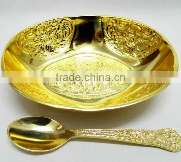 Promotional Gift, Corporate Gift, Beautiful Wedding Gift Gold Plated Brass Bowl Spoon Set