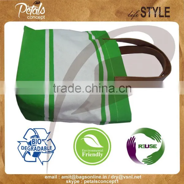 Stripe Print PU Handle Cotton Canvas Beach Bag photo-5