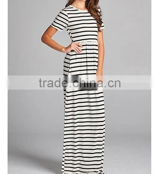 Elegant Long Nightgowns Black & White Stripe Short Sleeve Hidden Pockets Scoop Neck Gown Dresses Evening Muslim Dress Maxi photo-5