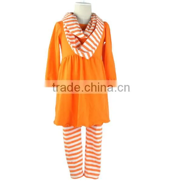 2015 Kaiyoshirt 3pcs Stripe Outfits Toddler Girls Boutique Sets Halloween Clothes With Scarf