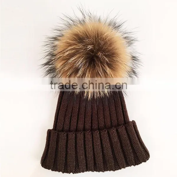 Myfur Super Size Raccoon Fur Pom Pom Detachable Fur Ball Knit Hat photo-2