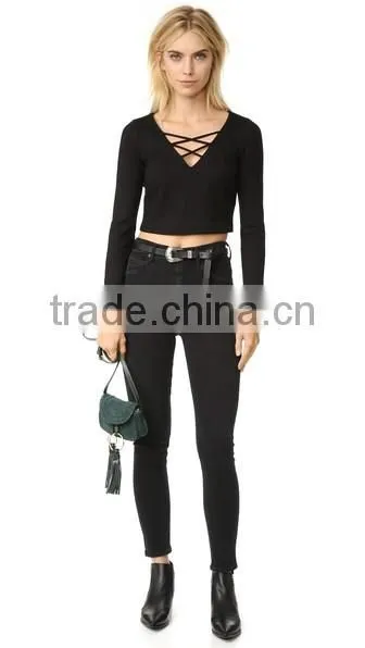 OEM Seriver Women T Shirt Black Soild Color Cotton Jesery V Necklace T Shirt photo-4