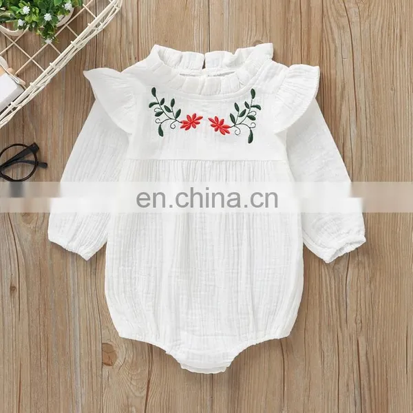 Wholesale Fashion Romper Full Sleeve Ruffle Flower Embroidery Baby Linen Romper photo-3