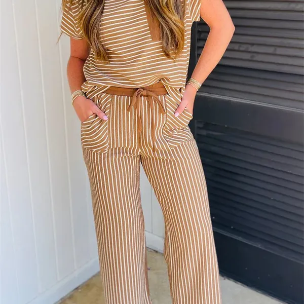 Brown Leopard High-Low Loose Tee Ankle Length Pants Set Dark Brown Braided V Neck Long Sleeve Loose Top and Drawstring High Waist Pants 2pcs Outfit photo-5