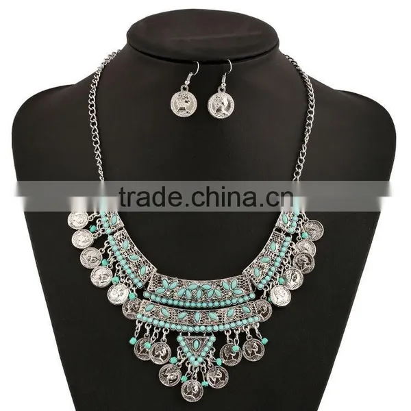 2016 Gypsy Bohemian Jewelry Set Vintage Turquoise Beauty Head Silver Coin Jewelry Set photo-2