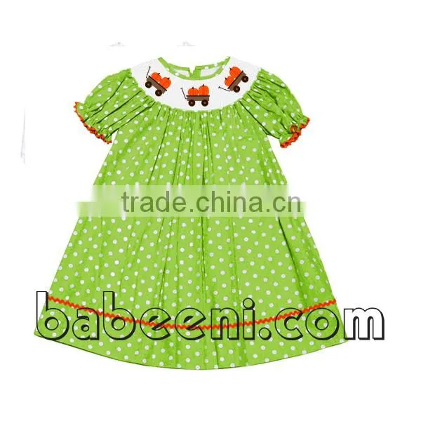 Cute Pumpkin Truck Hand Smocked Bishop Dress photo-3