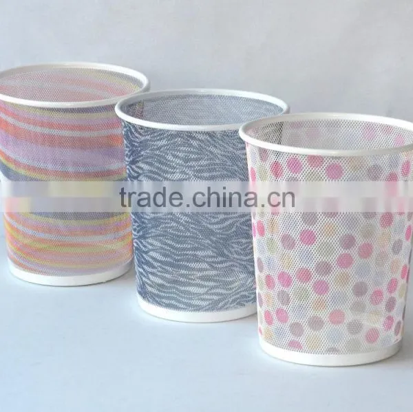Office Small Metal Mesh Round Waste Bin Colorful Printed Pattern Paper Trash Can