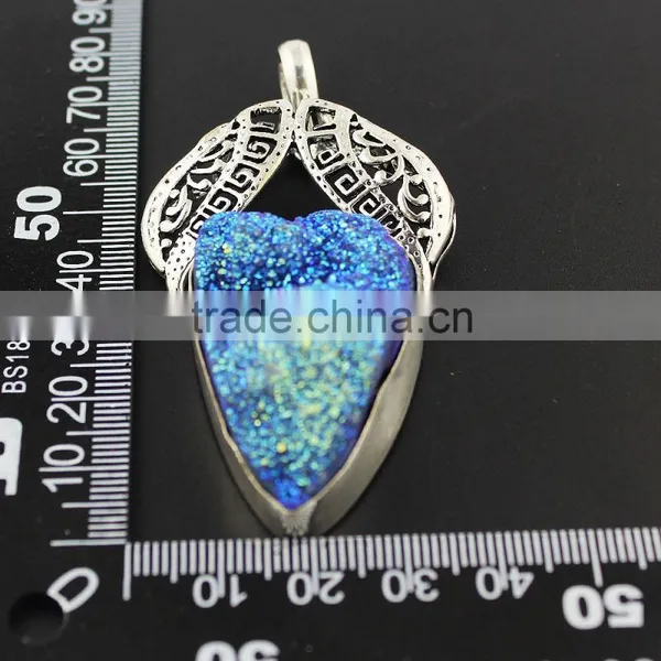 925 Sterling Silver Special Design Freedom Shape Blue Druzy Gemstone Jewel Pendant photo-5