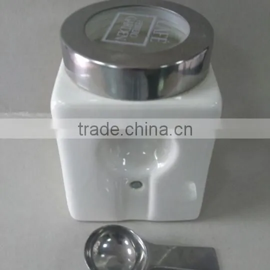 Plain White Ceramic Square Storage Jar With Spoon & Silicone Lid photo-3