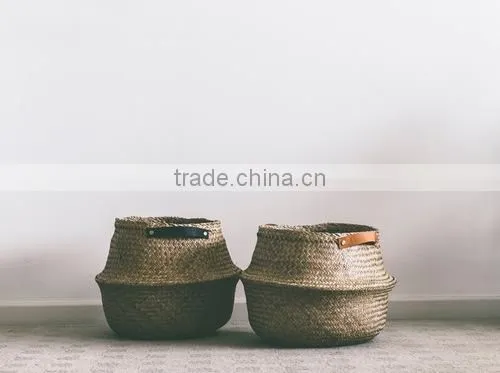 Seagrass Storage Baskets With Leather Hanldes, Belly Decorative Seagrass Baskets photo-2