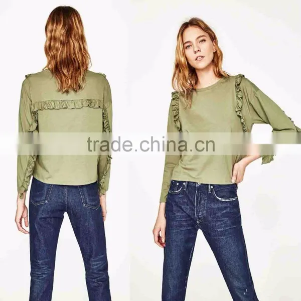 Women Fashion Long Sleeve Frilled T-shirts Tops Printed Round Neck Tops Blouses photo-2