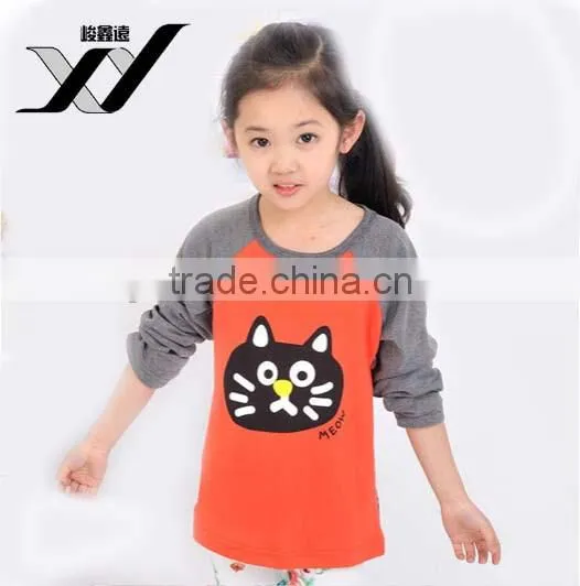 Wholesale Chidren Lovely Cat Pattern Print All Cotton Long Raglan Sleeve Hoodie for Girl photo-3