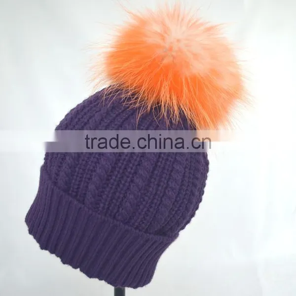 Myfur Popular New Cable Woolen Knitted Hat With Raccoon Pom Pom Top photo-3