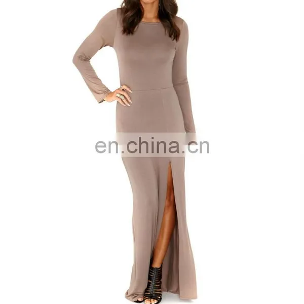CHEFON Long Sleeve Jersey Brown Maxi Dress photo-2