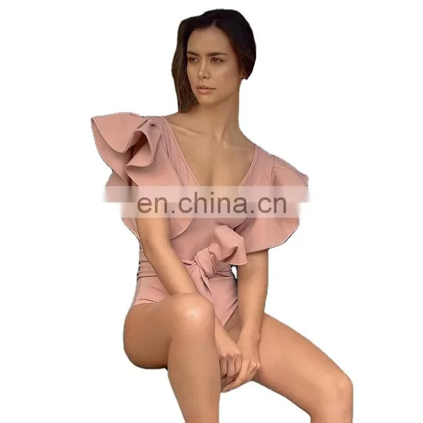 Vintage Retro One Piece Swimsuit 2021 Shoulder Ruffle Swimwear Women Belt Swimsuit Backless Bathing Suit Beachwear Monokini Swim