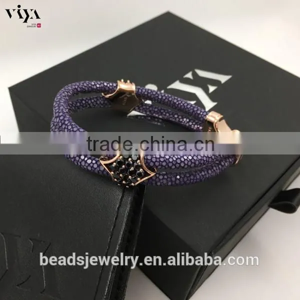 2016 Wholesale Luxury Stingray/ Python Leather Crystal Bracelet With Rose Gold Clasps Black Diamond